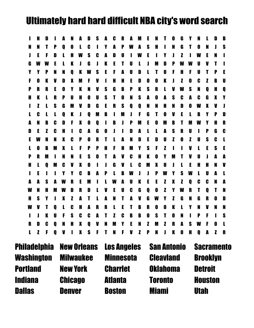 Ultimately Hard Hard Difficult Nba City&amp;#039;S Word Search - Wordmint within Printable Word Search Brainzilla