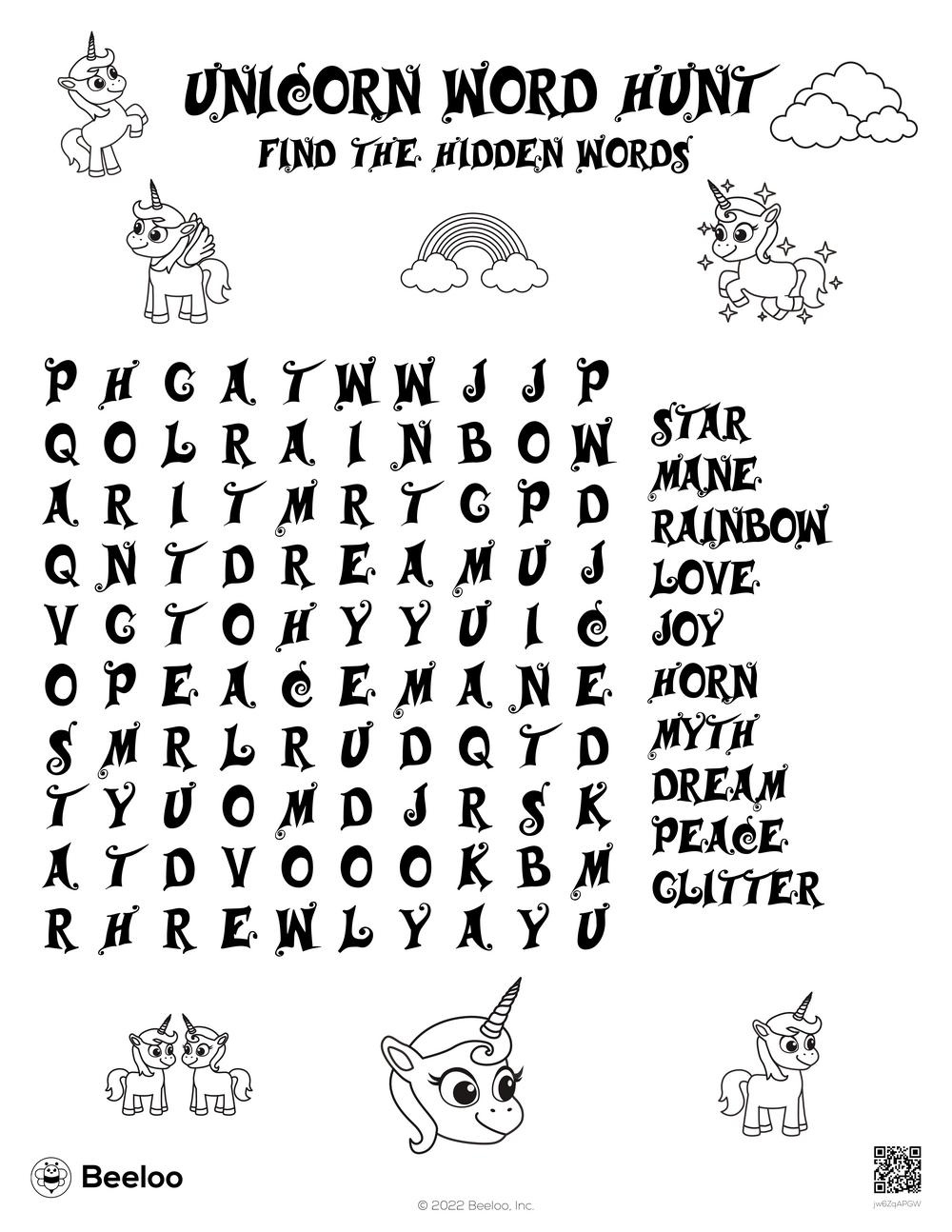 Unicorn Word Hunt • Beeloo Printable Crafts And Activities For Kids for Unicorn Word Search Printable