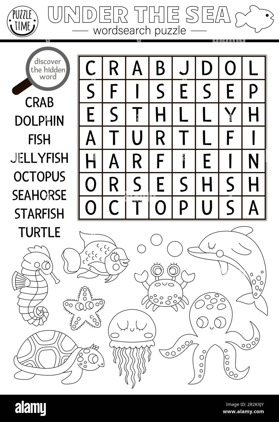 Vector Black And White Under The Sea Word Search Puzzle For Kids pertaining to Under the Sea Word Search Printable