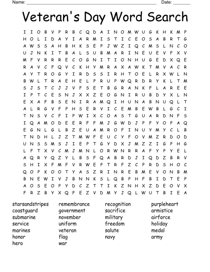 Veterans Day Word Search Printable