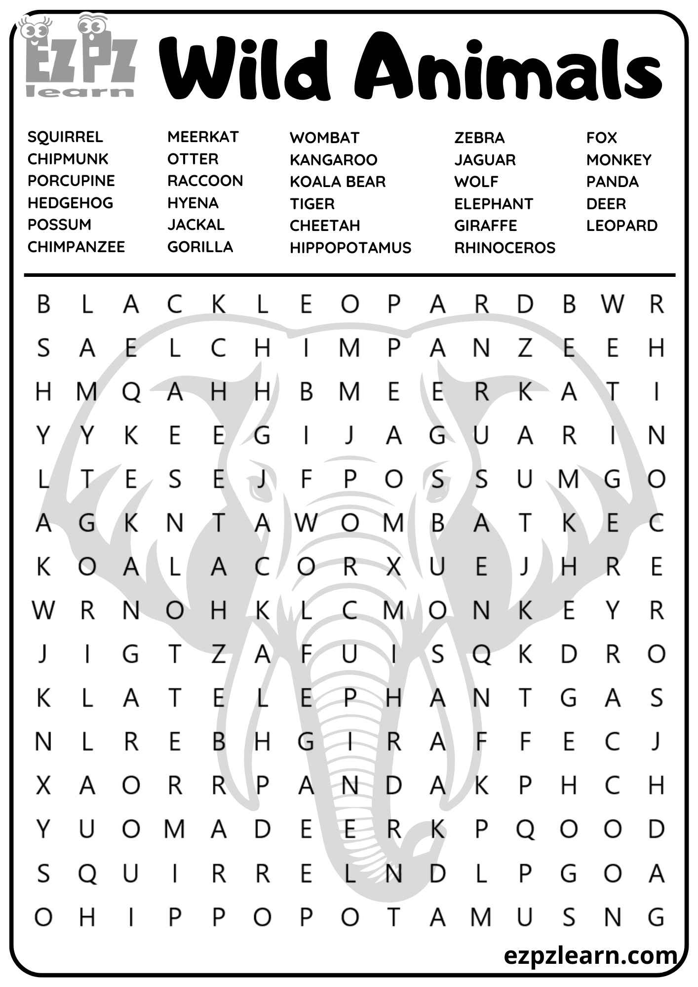 Wild Animals Vocabulary Word Search For Children And English in Printable Word Search English