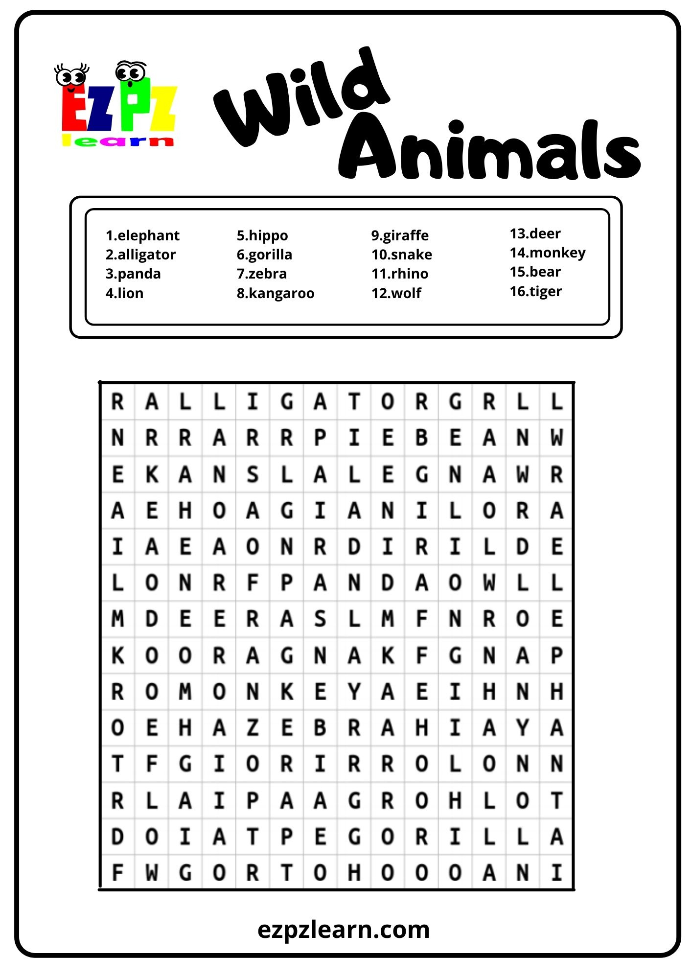 Wild Animals Word Search - Ezpzlearn in Word Search Printable Animals