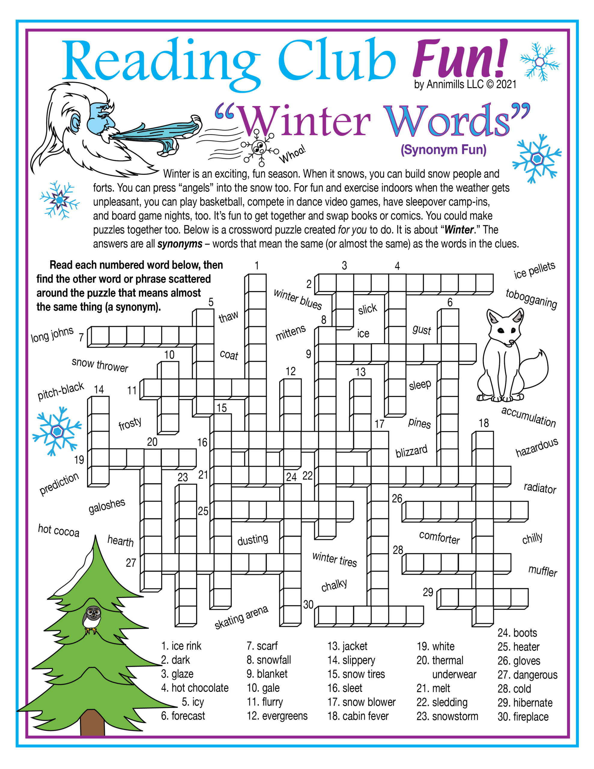 Winter Vocabulary - Synonyms - Printable Crossword Puzzle & Word inside Crosswords And Word Searches Printable