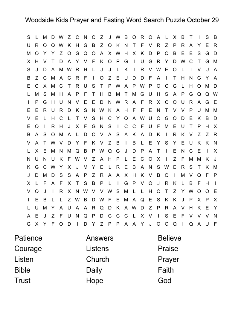 Woodside Kids Prayer And Fasting Word Search Puzzle October 29 with regard to Printable Word Search About Prayer