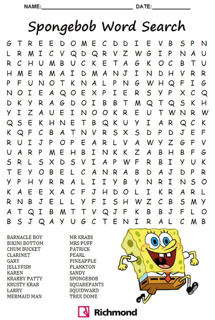 Wordsearch - Spongebob Time! | Kids Word Search, Activity Sheets intended for Spongebob Word Search Printable