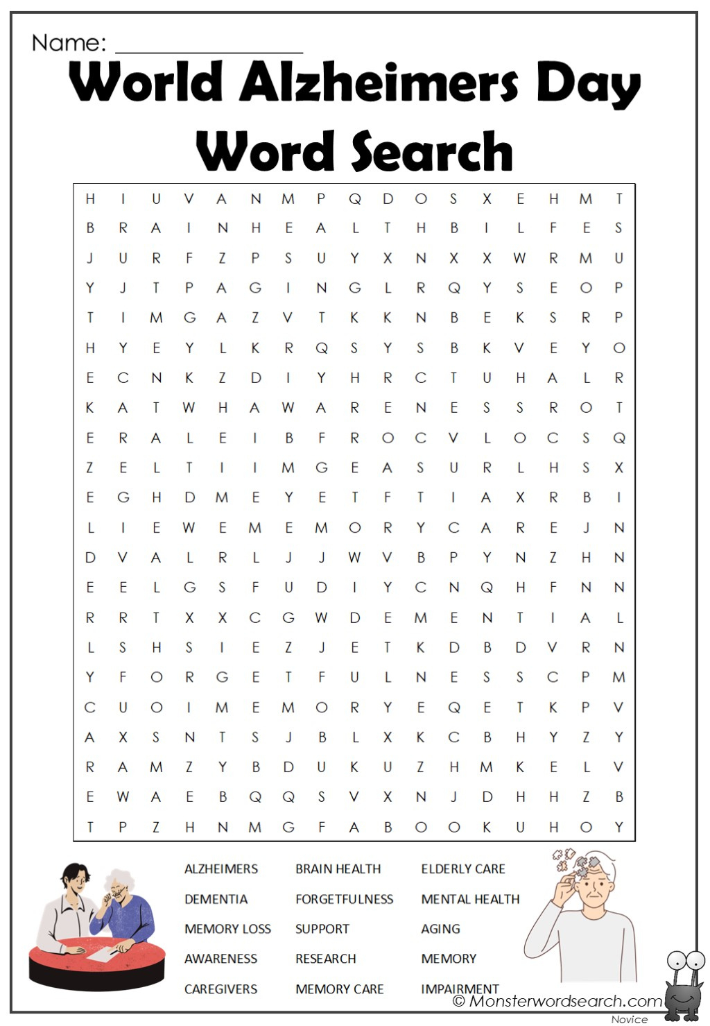 World Alzheimers Day Word Search - Monster Word Search within Free Printable Word Search For Seniors With Dementia