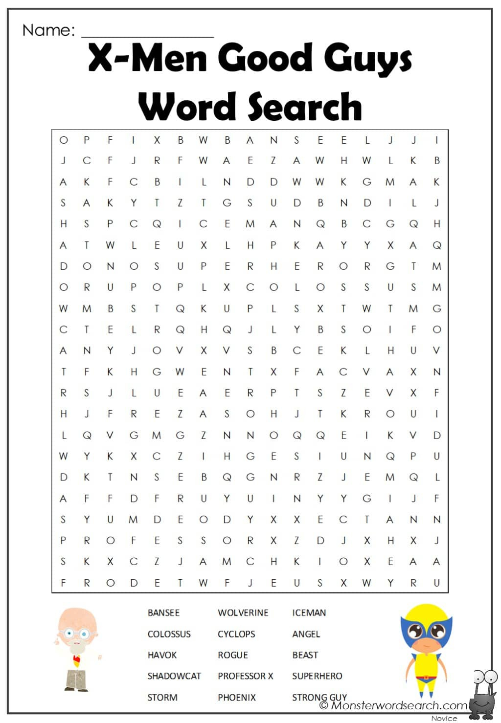 X Men Good Guys Word Search - Monster Word Search for X Men Word Search Printable