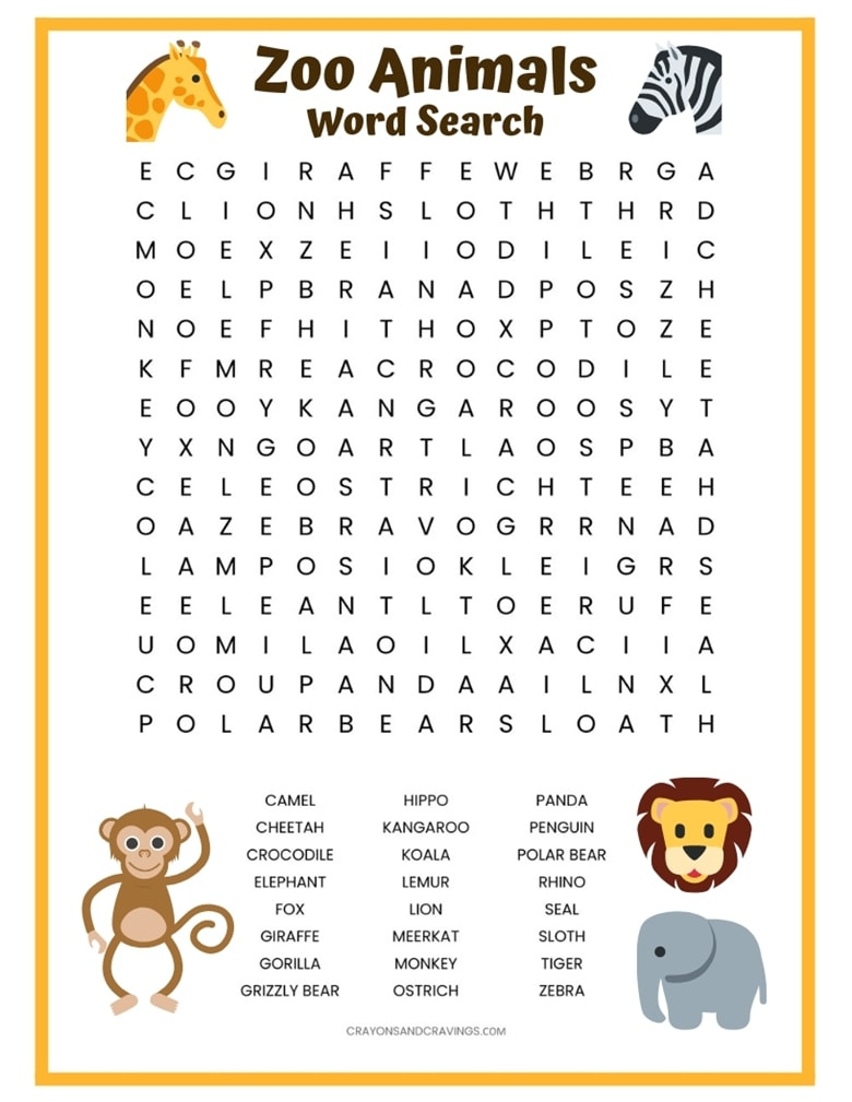 Zoo Animals Word Search Free Printable with Word Search Printable Animals