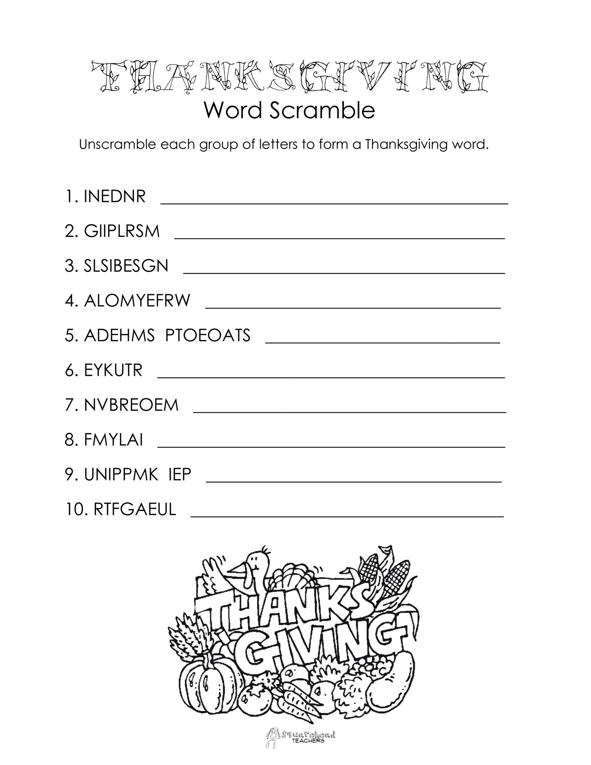 15 Fun-To-Solve Thanksgiving Word Scrambles - Kitty Baby Love inside Thanksgiving Word Search Answer Key Printables4kids