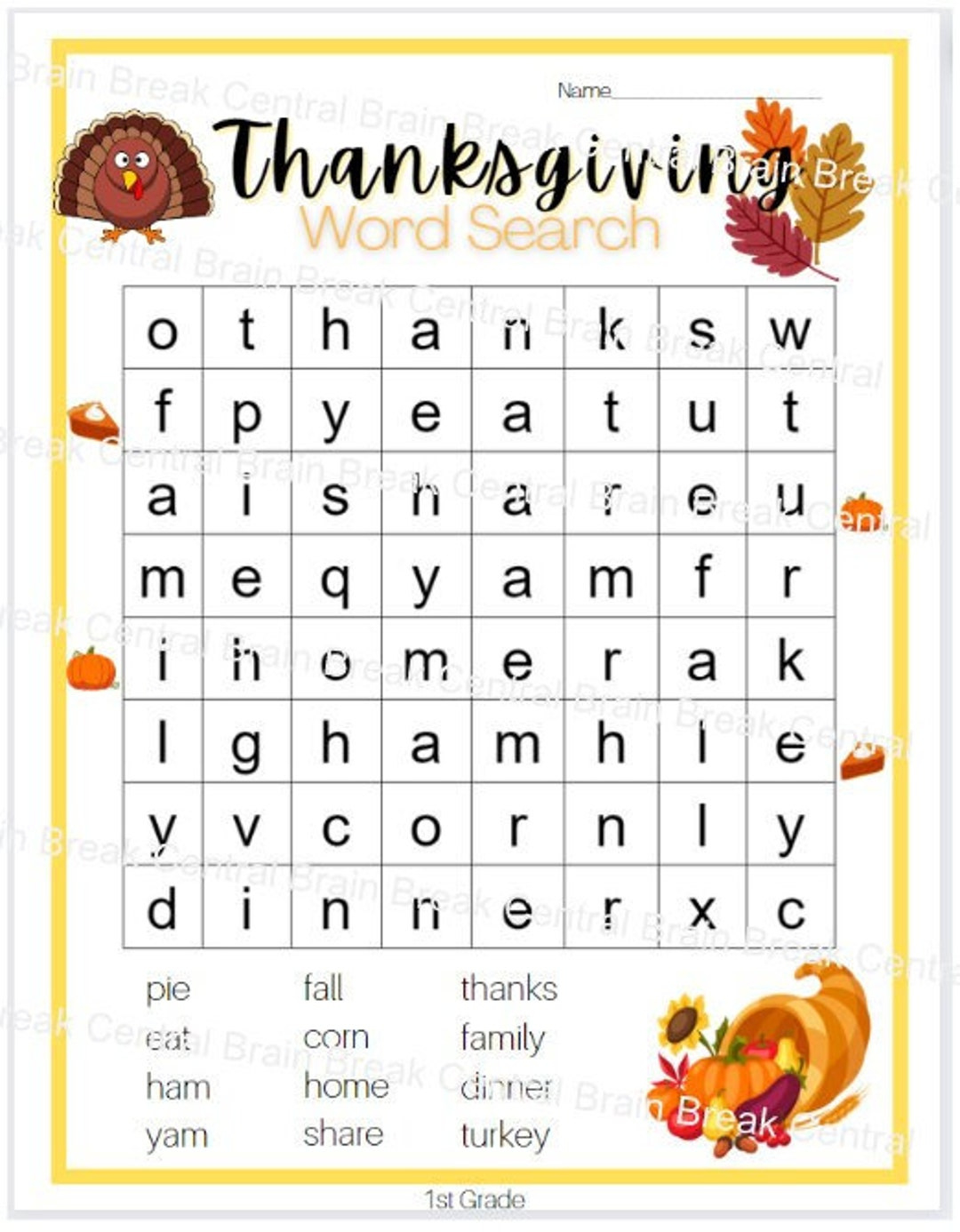 1St Grade Thanksgiving Word Search With Answer Key, Printable intended for Thanksgiving Word Search 1