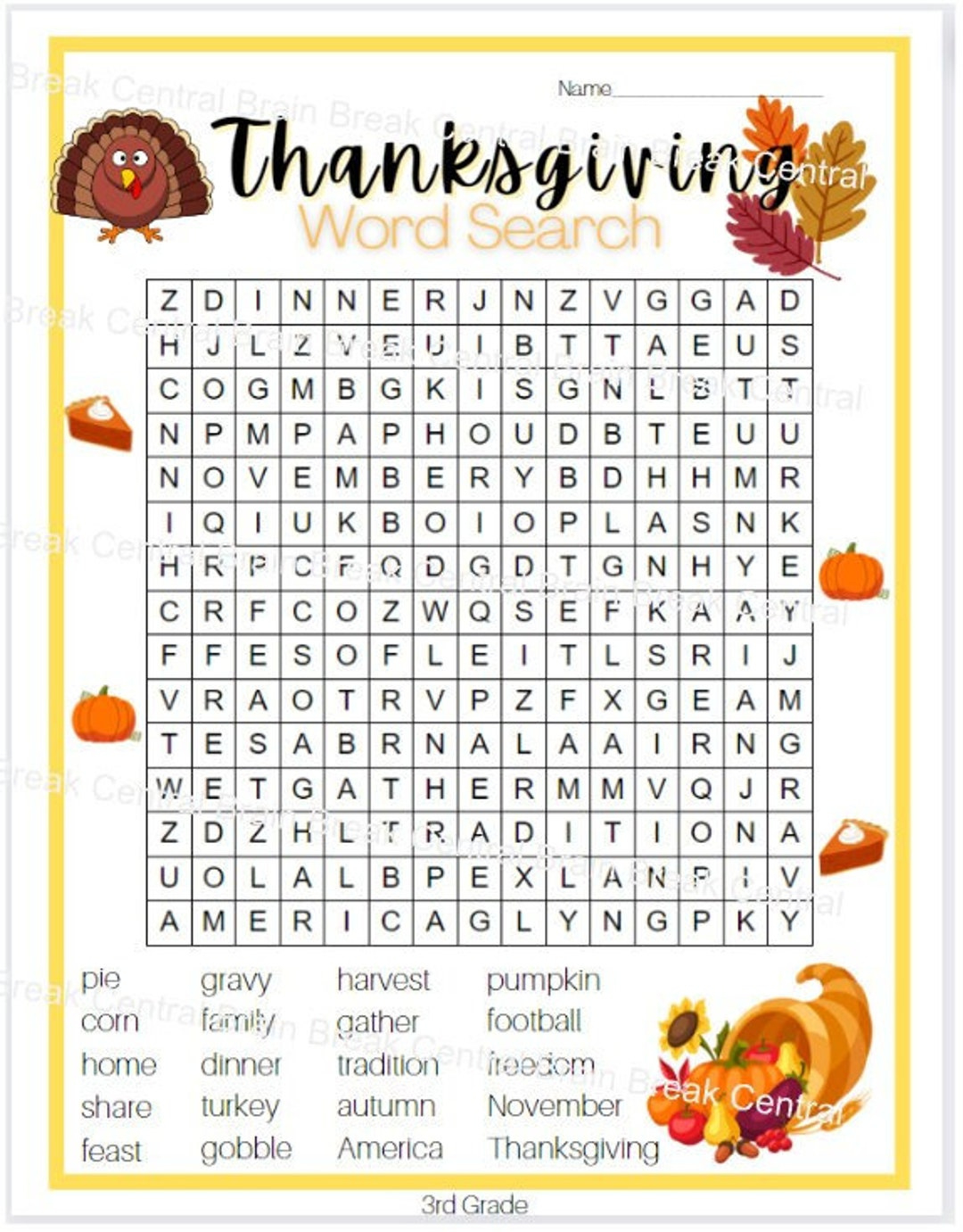 3Rd Grade Thanksgiving Word Search With Answer Key, Printable regarding Thanksgiving Word Search For 3rd Graders