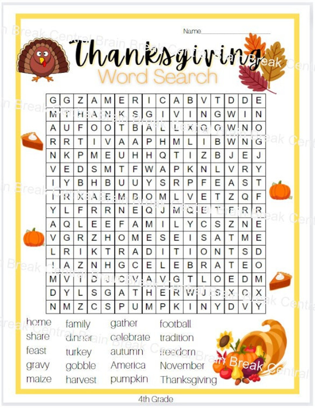 4Th Grade Thanksgiving Word Search With Answer Key, Printable - Etsy intended for Thanksgiving Super Hard Word Search Turkey