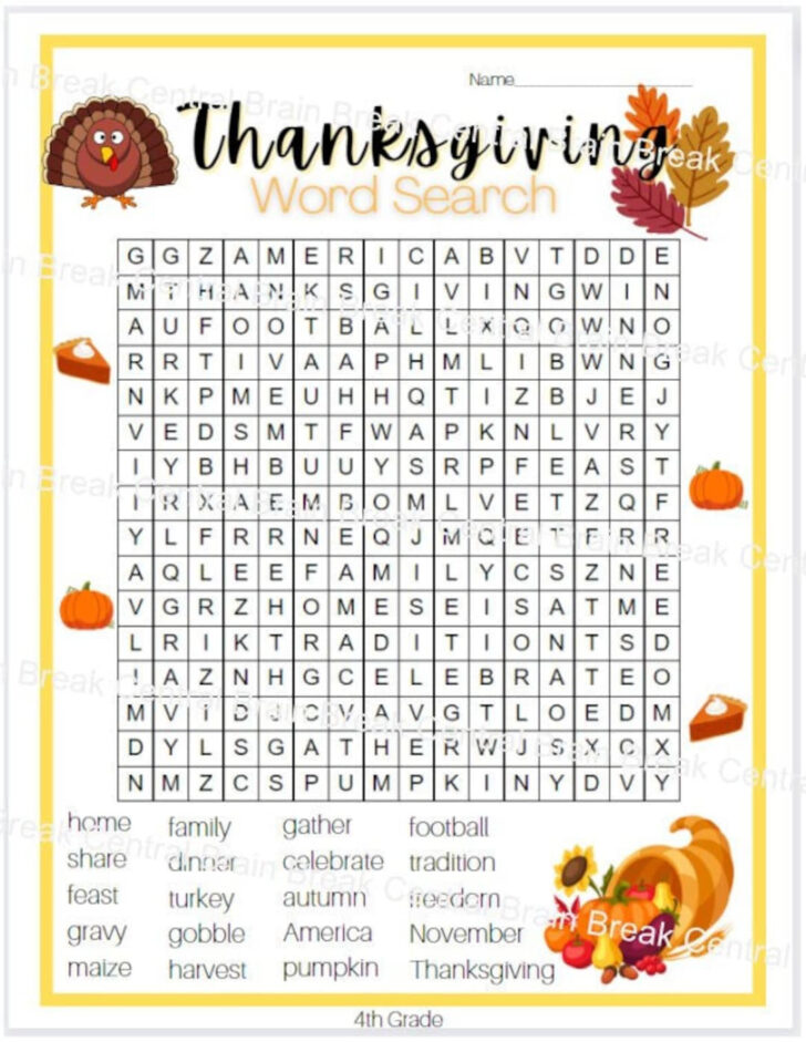 Thanksgiving Word Search For 4th Grade