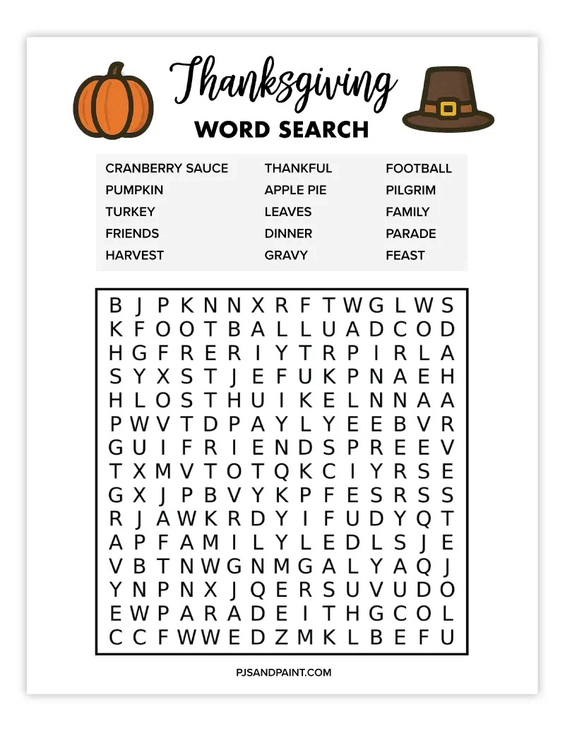 8 Free Printable Thanksgiving Word Searches - Pjs And Paint inside Thanksgiving Word Search First Grade