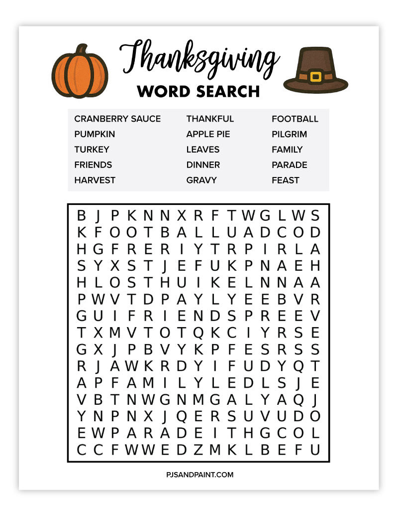8 Free Printable Thanksgiving Word Searches - Pjs And Paint intended for First Grade Thanksgiving Word Search Free