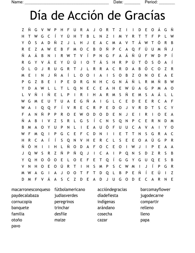 Accion De Gracias Word Search - Wordmint throughout Free Thanksgiving Word Search In Spanish