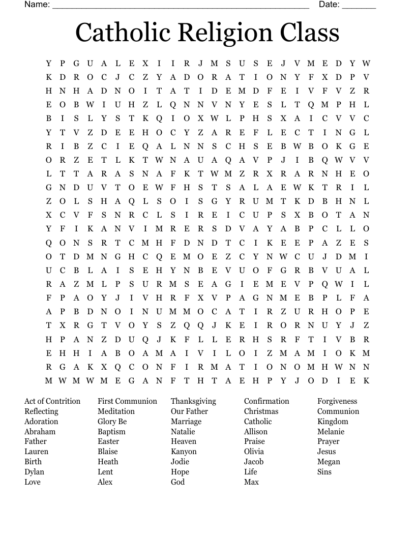 Catholic Religion Class Word Search - Wordmint pertaining to Catholic Thanksgiving Word Search