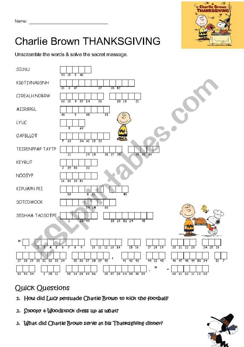 Charlie Brown Thanksgiving - Esl Worksheetgaijin101 with regard to Charlie Brown Thanksgiving Word Search