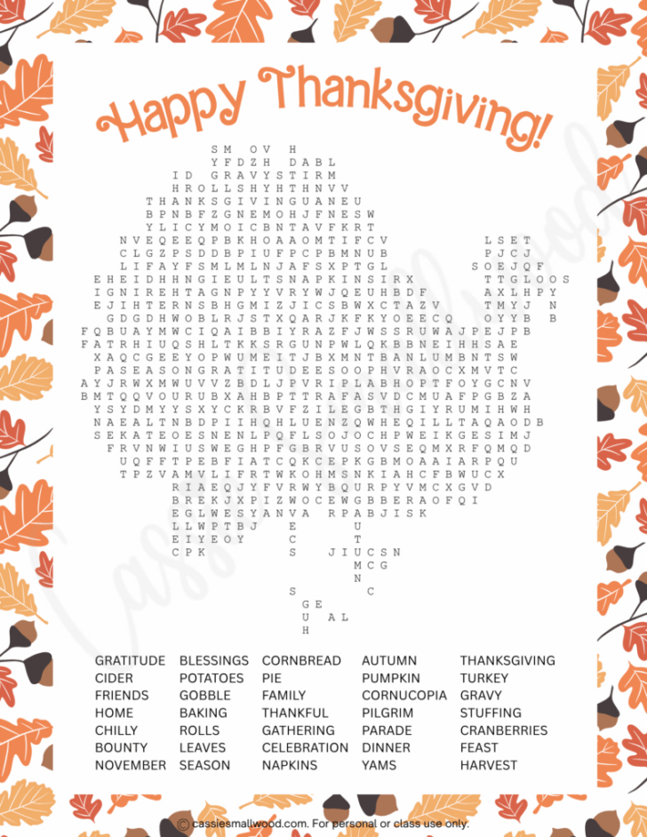 Thanksgiving Word Search Hard Free Printable
