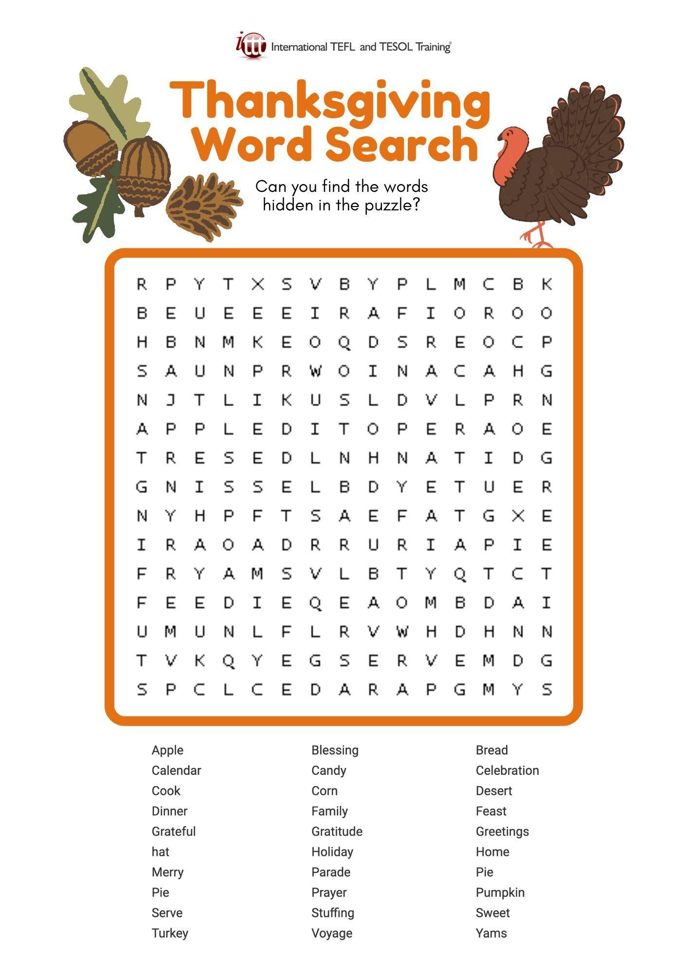 Efl Thanksgiving Word Search | ✔️ ✔️ ✔️ Ittt with regard to Thanksgiving Esl Word Search