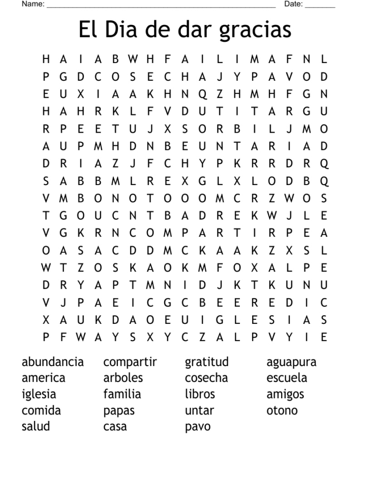 Spanish Thanksgiving Word Search Printable Spanish Thanksgiving Word Search Printable