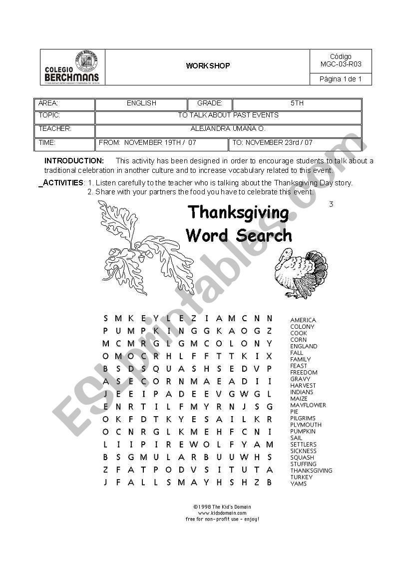 English Worksheets: Thanksgiving Word Search with Kidsdomain Thanksgiving Word Search