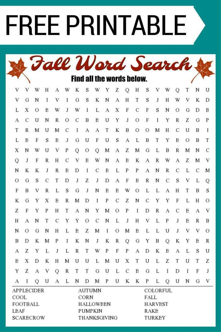 Fall Word Search Free Printable Worksheet within Free Printable Middle School Thanksgiving Word Search