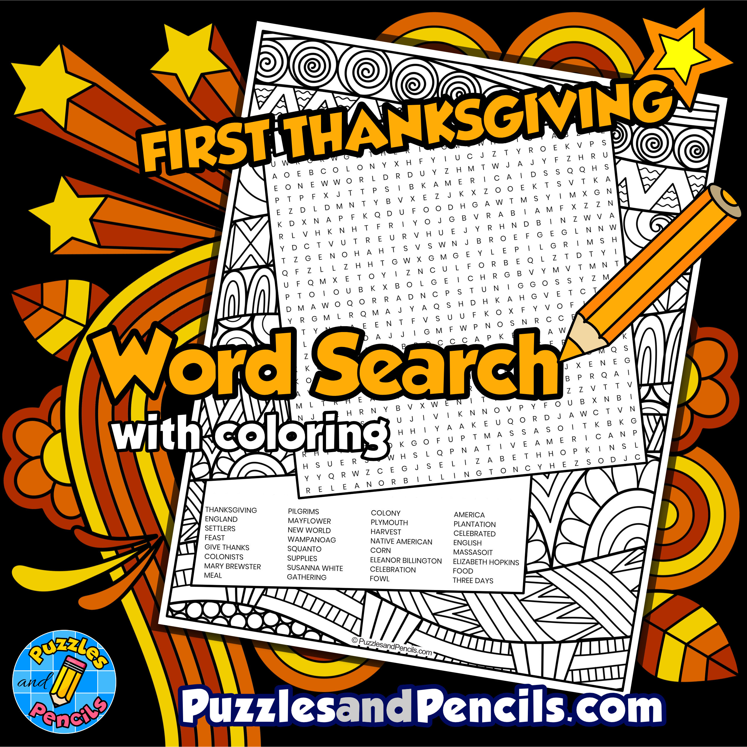 First Thanksgiving Word Search Puzzle Activity Page With Coloring in First Thanksgiving Word Search Puzzle