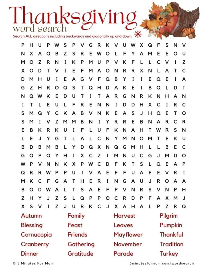 Thanksgiving Word Search Difficult