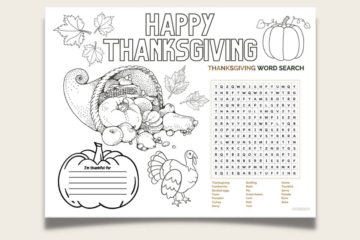 Free Thanksgiving Printable Placemats (Coloring Page For Kids intended for Thanksgiving Word Search And Coloring Sheets