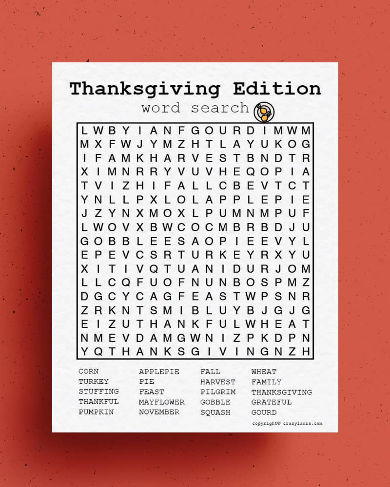 Free Thanksgiving Word Search Printable Game Sheets - Crazy Laura inside Thanksgiving Super Hard Word Search Turkey