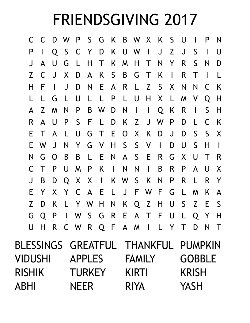 Friendsgiving 2017 Word Search - Wordmint for Thanksgiving Word Searches Big Ones