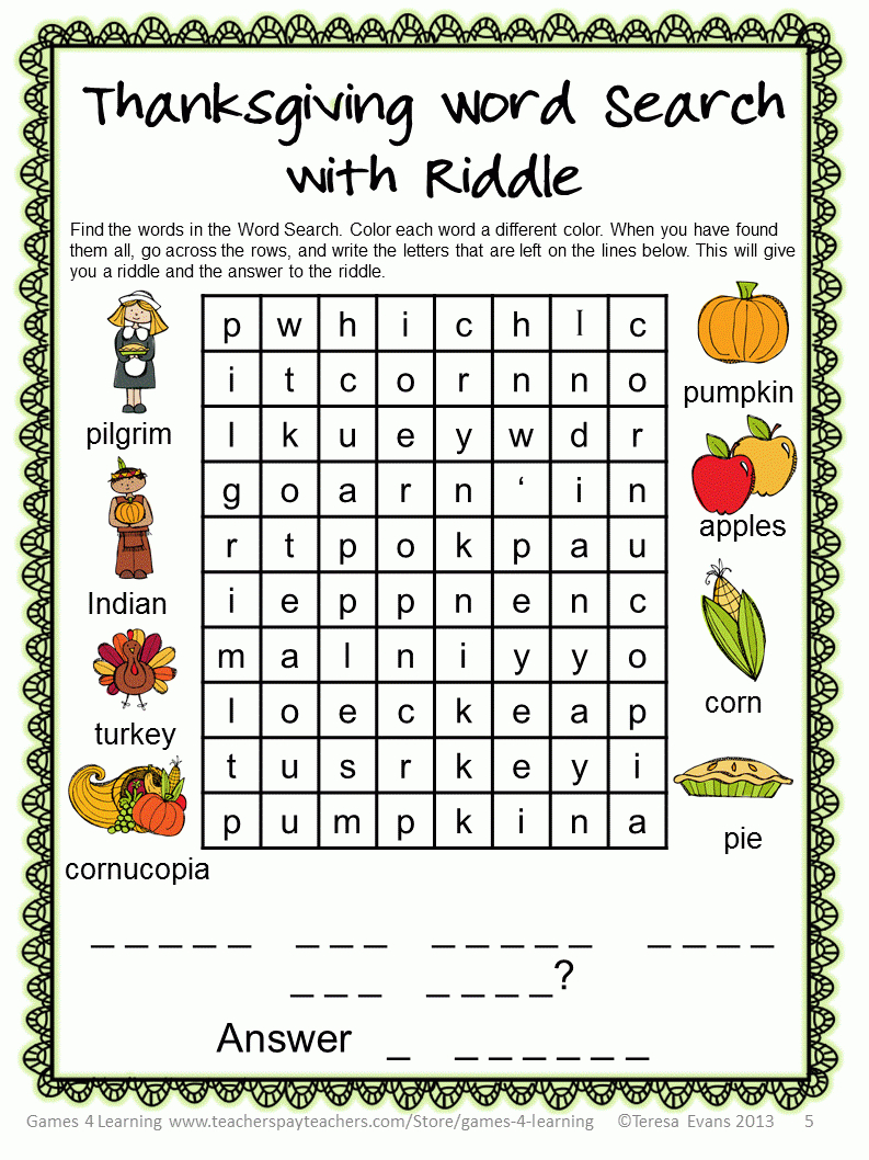 Fun Games 4 Learning: Thanksgiving Word Puzzles Freebie within Thanksgiving Word Ving Word Search