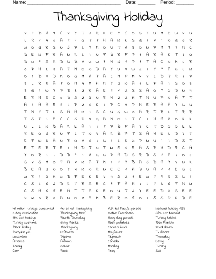 Thanksgiving Day Word Search Grade 6
