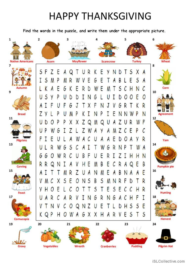 Happy Thanksgiving - Wordsearch Puzz…: English Esl Worksheets Pdf with regard to Esl Thanksgiving Word Search