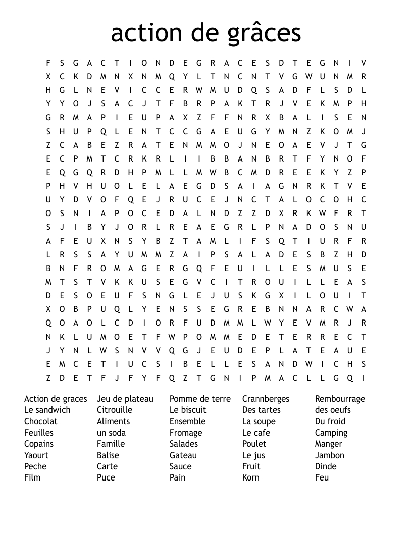 Le Action De Grâce Word Search - Wordmint with Thanksgiving Word Search In French