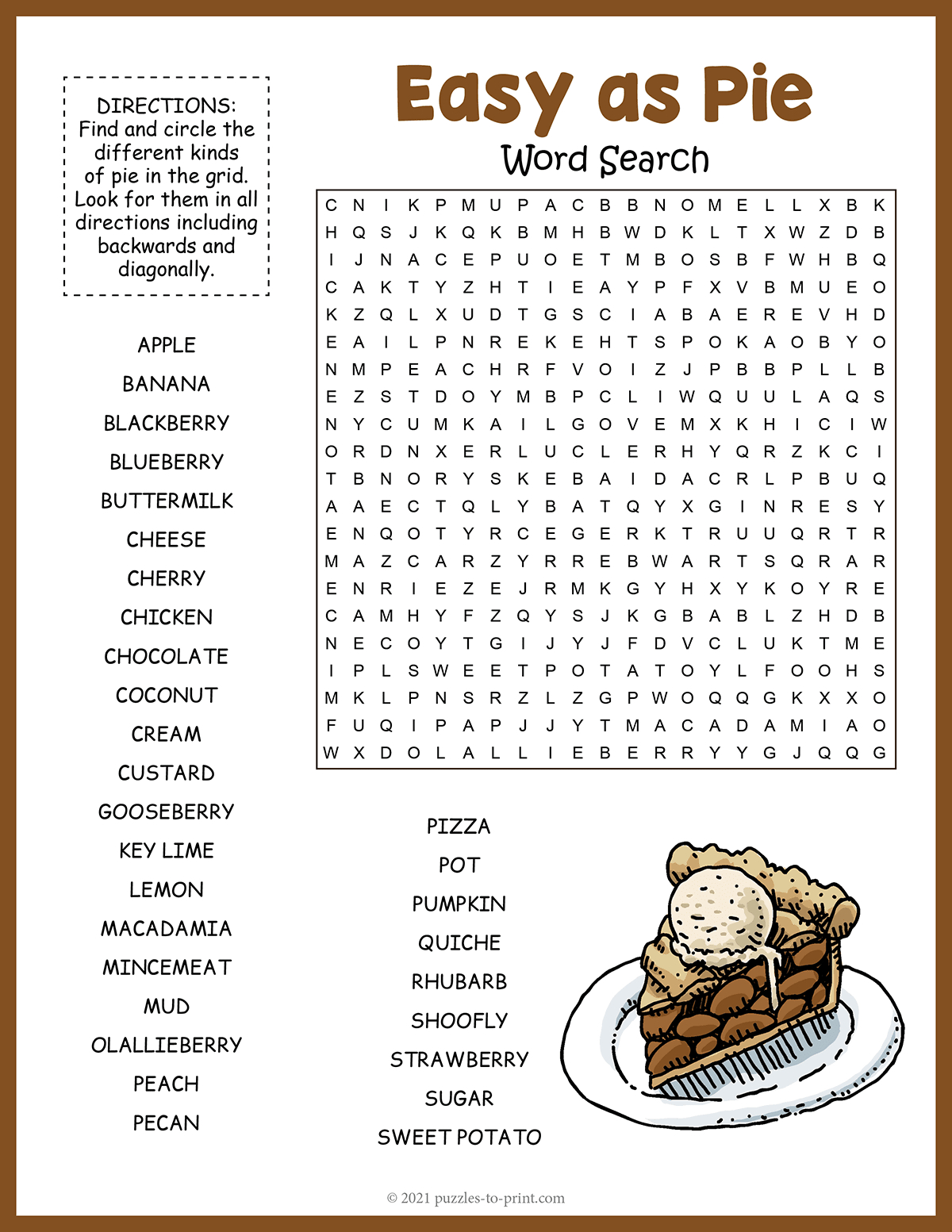 Pie Word Search inside Word Search Thanksgiving Pies Large Print