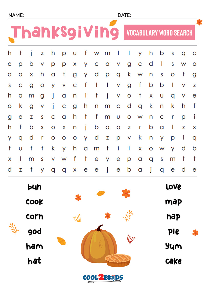 Printable Thanksgiving Word Search - Cool2Bkids in Word Search 1St Grade Thanksgiving