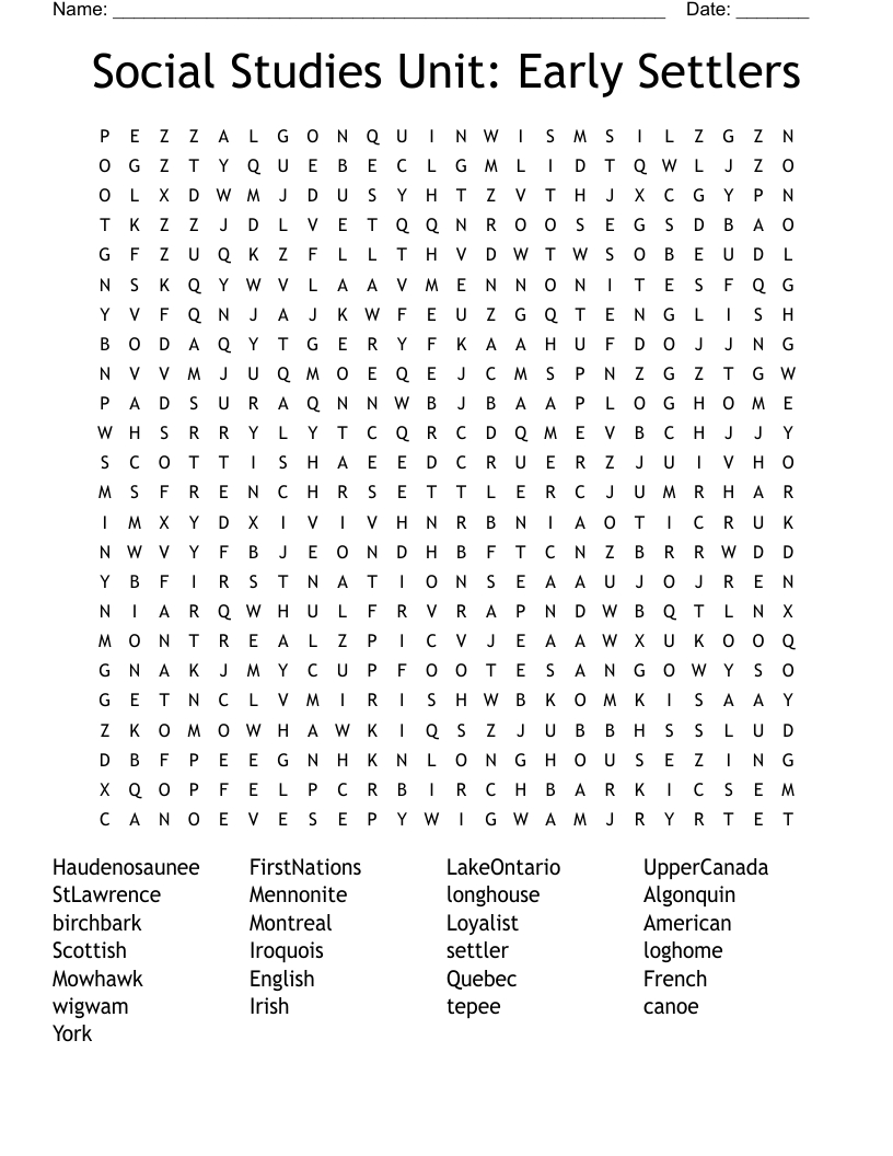 Social Studies Unit: Early Settlers Word Search - Wordmint regarding Thanksgiving Word Search Algonquin