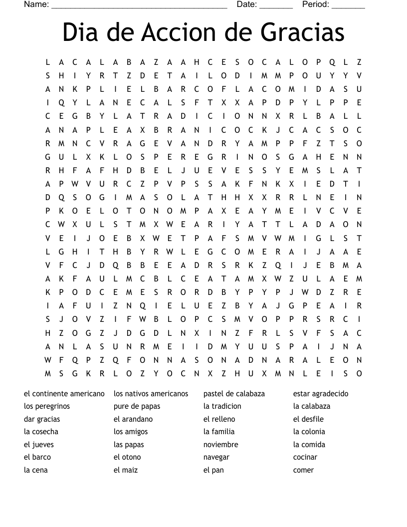 Spanish Thanksgiving Crossword Word Search - Wordmint inside Spanish Word Search For Thanksgiving