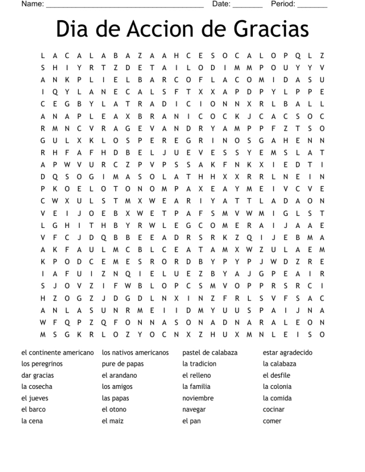 Spanish Word Search Thanksgiving