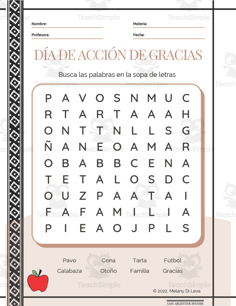 Spanish: Thanksgiving Day Word Search Packet with Thanksgiving Word Search In Spanish