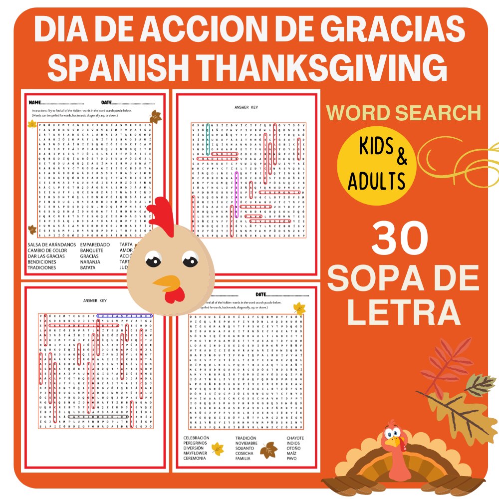 Spanish Thanksgiving Vocabulary Word Search - Día De Acción De in Spanish Thanksgiving Word Search Answer Key
