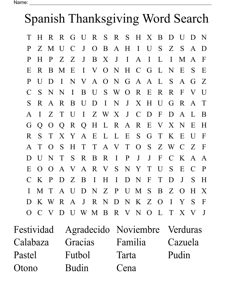 Spanish Thanksgiving Word Search - Wordmint intended for Spanish Word Search Thanksgiving