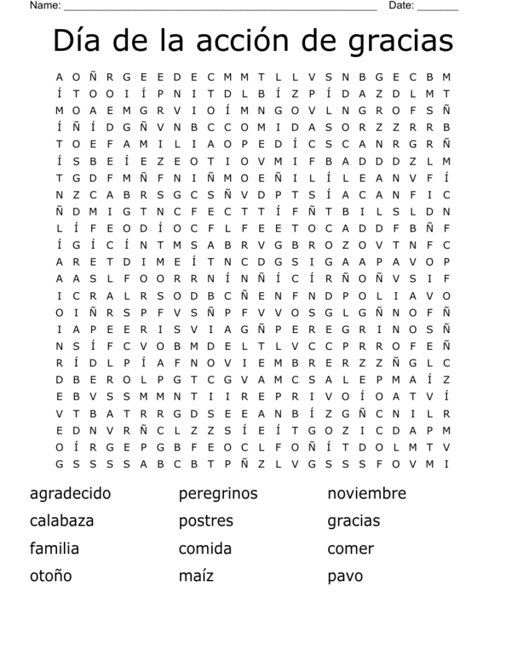Spanish Fall and Thanksgiving Word Search