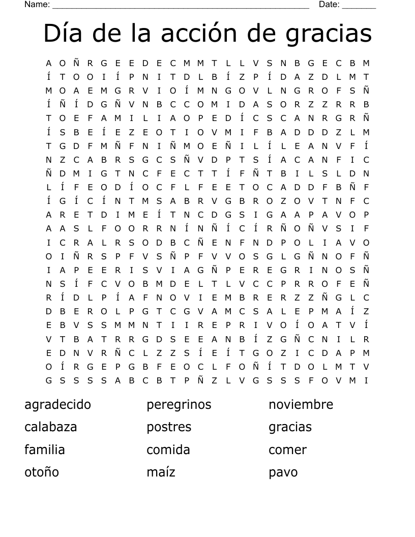 Spanish Thanksgiving Word Search - Wordmint throughout Spanish Thanksgiving Word Search Answers