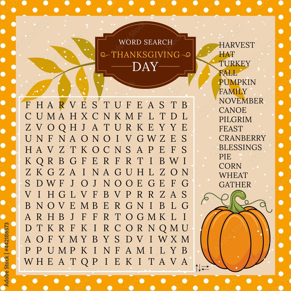 Stock-Vektorgrafik „Thanksgiving Day Word Search Puzzle. Logic for Word Search Games For Thanksgiving