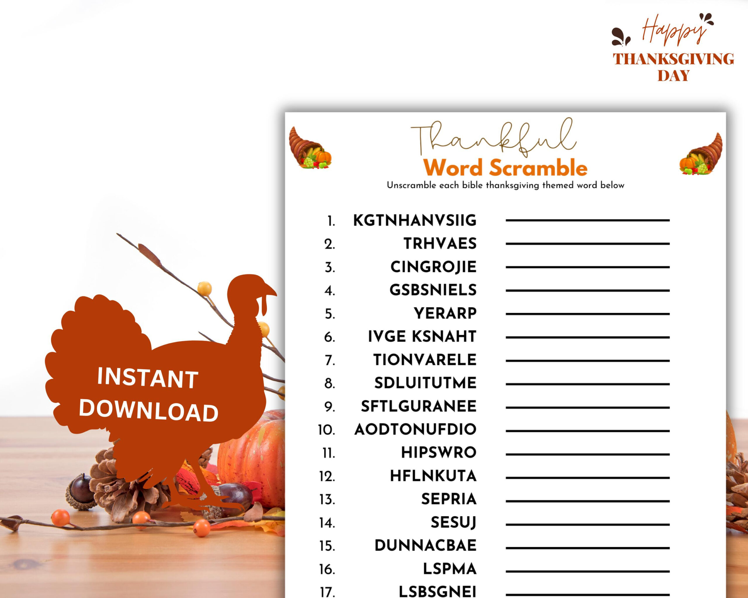 Thankful Word Scramble Thanksgiving Game | Bible-Based Gratitude for Sunday School Thanksgiving Scrabble Word Search