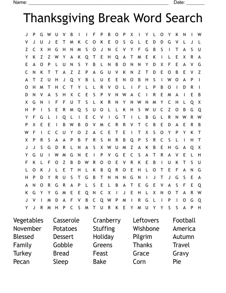 High School Word Search For Thanksgiving