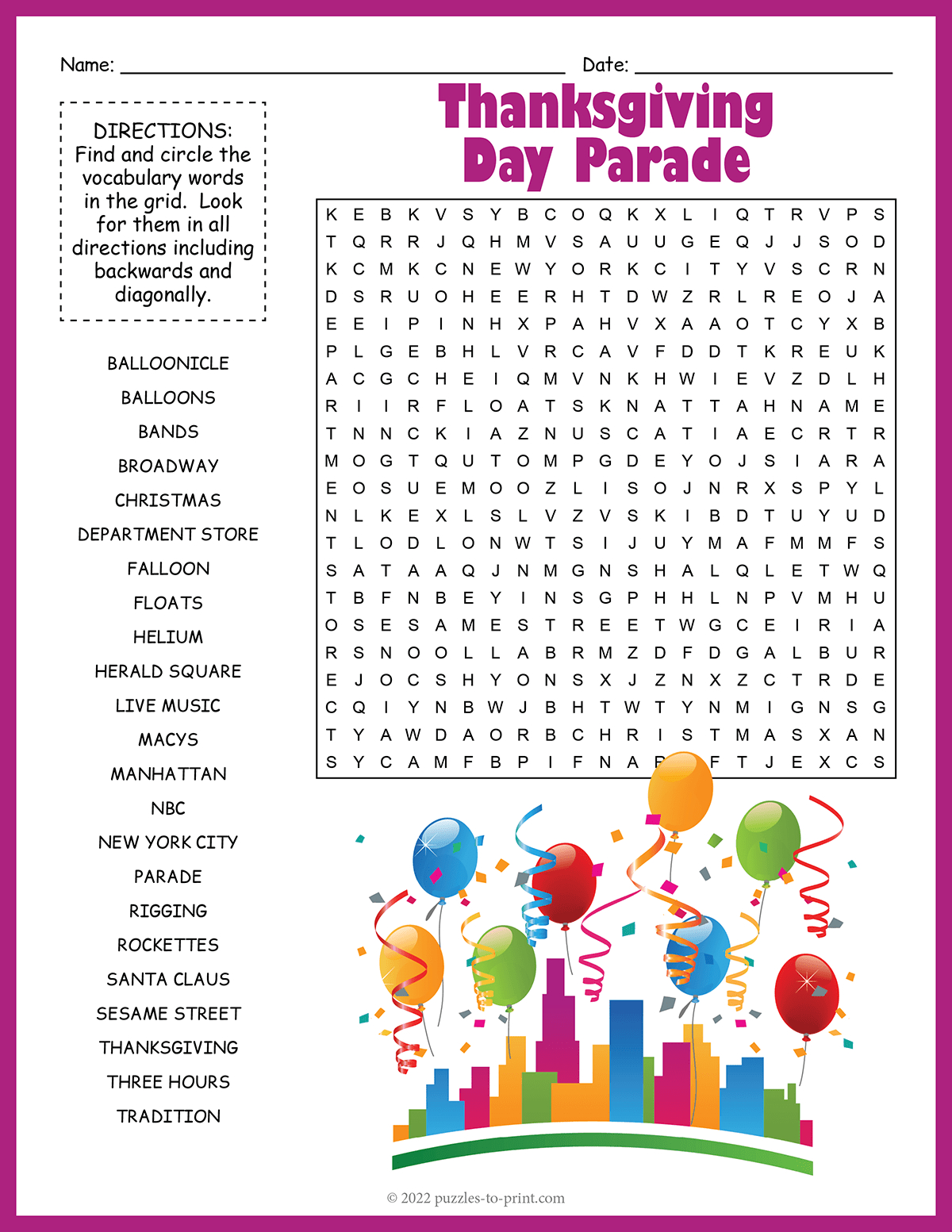 Thanksgiving Day Parade Word Search intended for Macy&amp;amp;#039;s Thanksgiving Day Parade Word Search